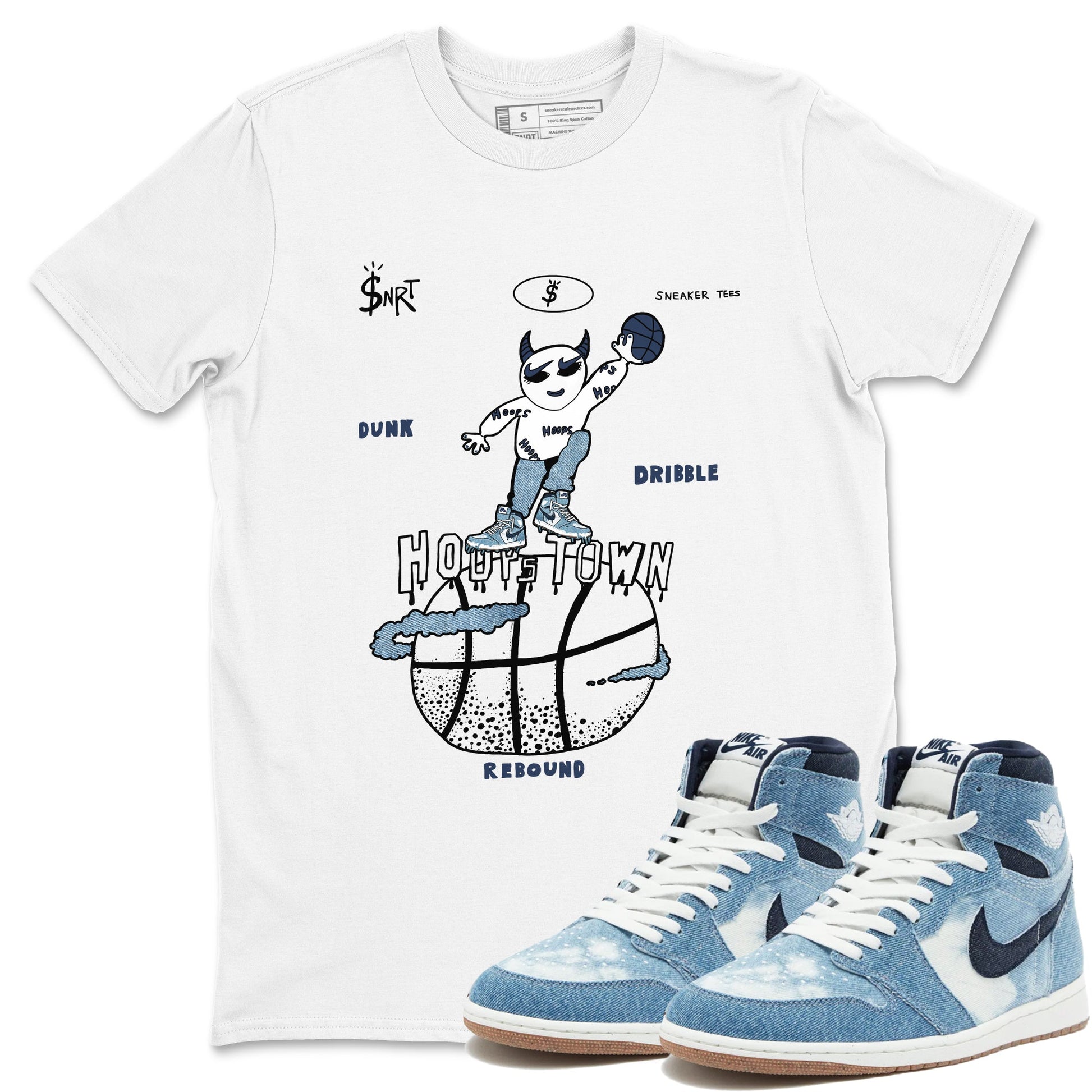 1s Denim shirts to match jordans Hoops Town sneaker match tees Air Jordan 1 Denim SNRT Sneaker Tees streetwear brand White 1 unisex cotton tee