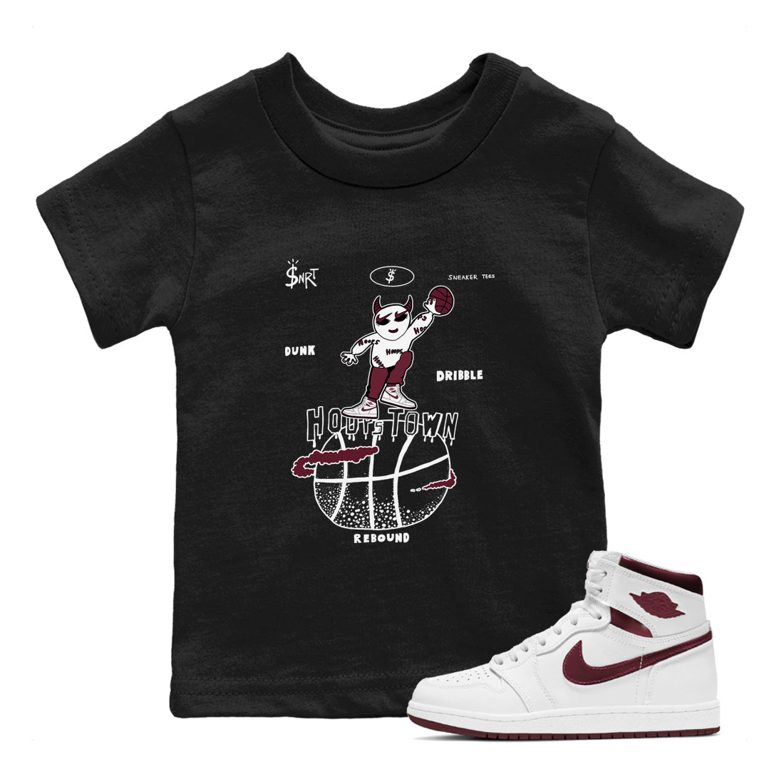 AJ1 Metallic Burgundy shirts to match jordans Hoops Town sneaker match tees Air Jordan 1 Metallic Burgundy SNRT Sneaker Tees streetwear brand Baby and Youth Black 1 cotton tee