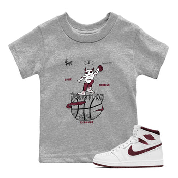 AJ1 Metallic Burgundy shirts to match jordans Hoops Town sneaker match tees Air Jordan 1 Metallic Burgundy SNRT Sneaker Tees streetwear brand Baby and Youth Heather Grey 1 cotton tee