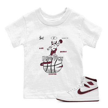 AJ1 Metallic Burgundy shirts to match jordans Hoops Town sneaker match tees Air Jordan 1 Metallic Burgundy SNRT Sneaker Tees streetwear brand Baby and Youth White 1 cotton tee