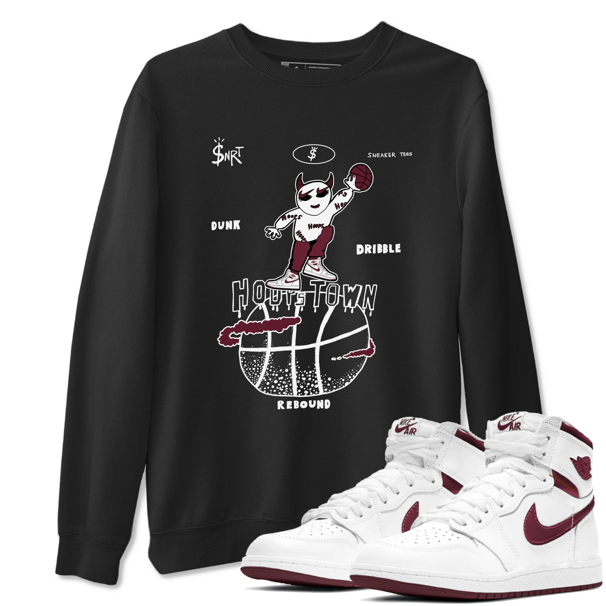 AJ1 Metallic Burgundy shirts to match jordans Hoops Town sneaker match tees Air Jordan 1 Metallic Burgundy SNRT Sneaker Tees streetwear brand Black 1 unisex cotton tee