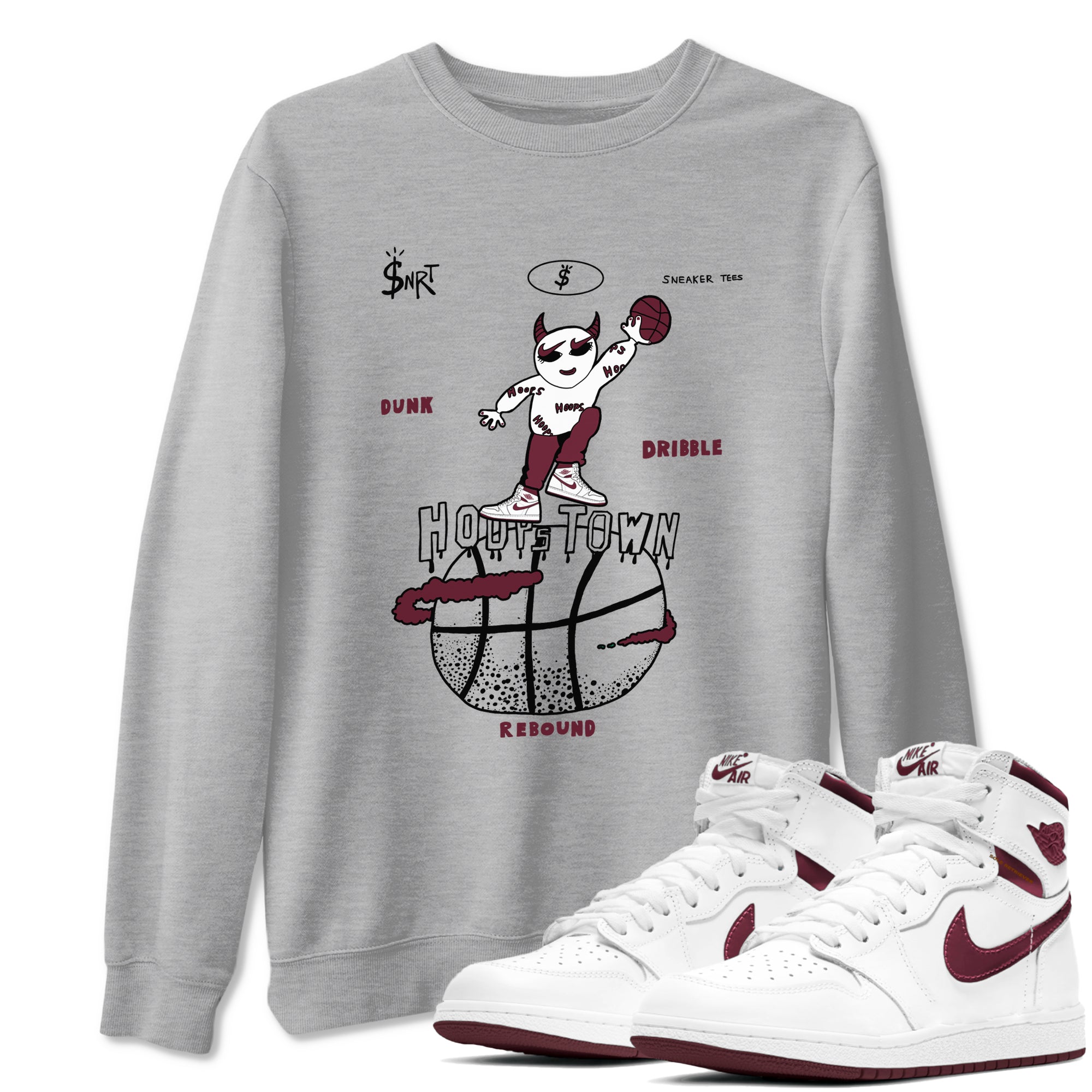 AJ1 Metallic Burgundy shirts to match jordans Hoops Town sneaker match tees Air Jordan 1 Metallic Burgundy SNRT Sneaker Tees streetwear brand Heather Grey 1 unisex cotton tee