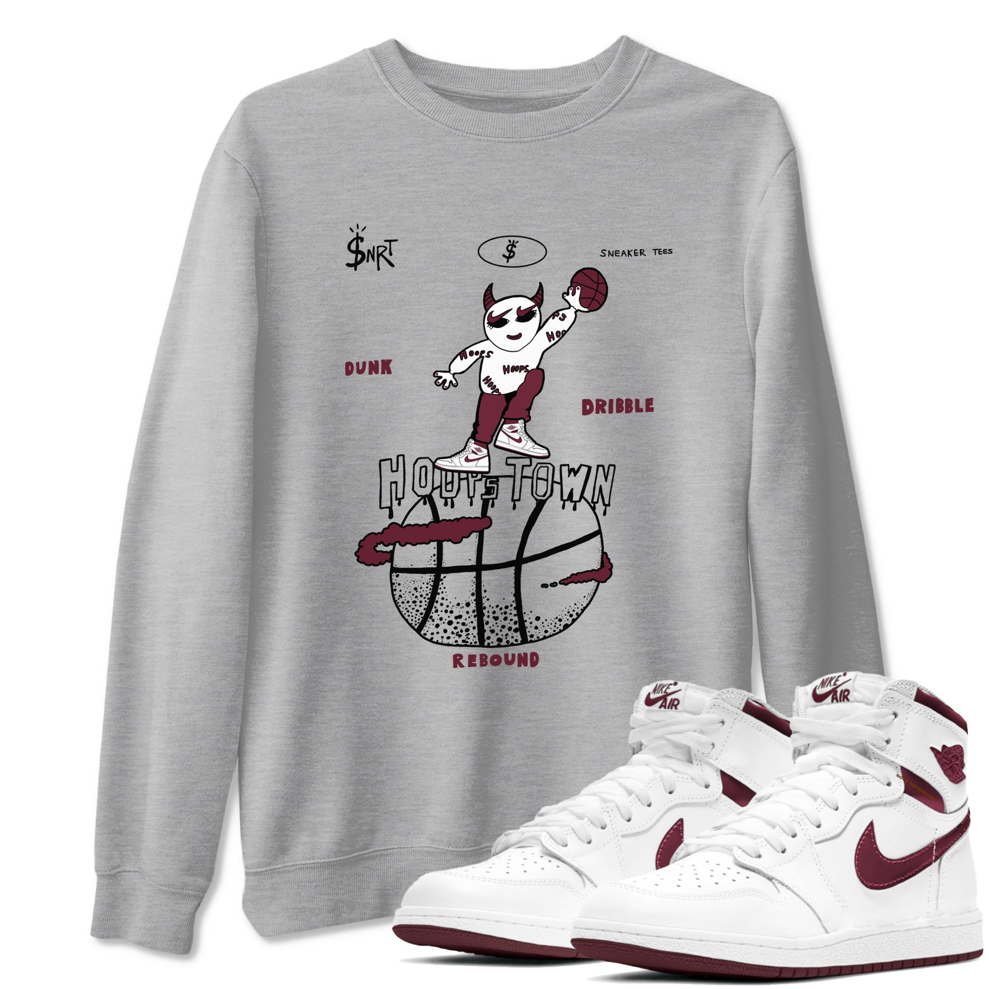 AJ1 Metallic Burgundy shirts to match jordans Hoops Town sneaker match tees Air Jordan 1 Metallic Burgundy SNRT Sneaker Tees streetwear brand Heather Grey 1 unisex cotton tee