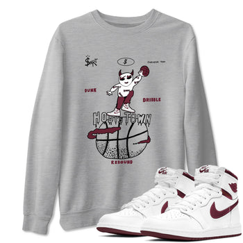 AJ1 Metallic Burgundy shirts to match jordans Hoops Town sneaker match tees Air Jordan 1 Metallic Burgundy SNRT Sneaker Tees streetwear brand Heather Grey 1 unisex cotton tee