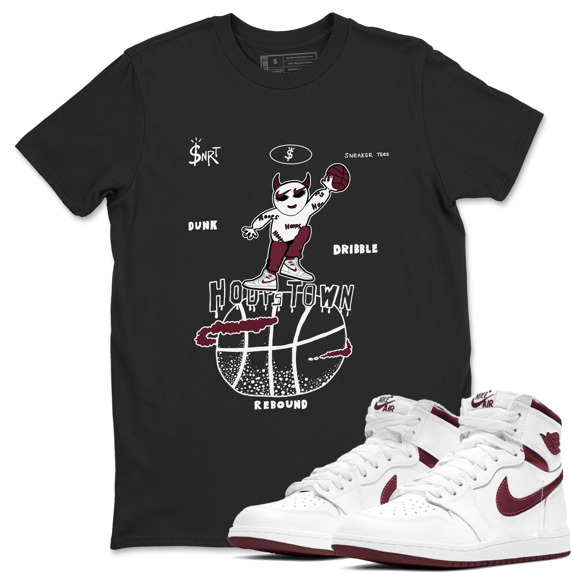 AJ1 Metallic Burgundy shirts to match jordans Hoops Town sneaker match tees Air Jordan 1 Metallic Burgundy SNRT Sneaker Tees streetwear brand Black 1 unisex cotton tee