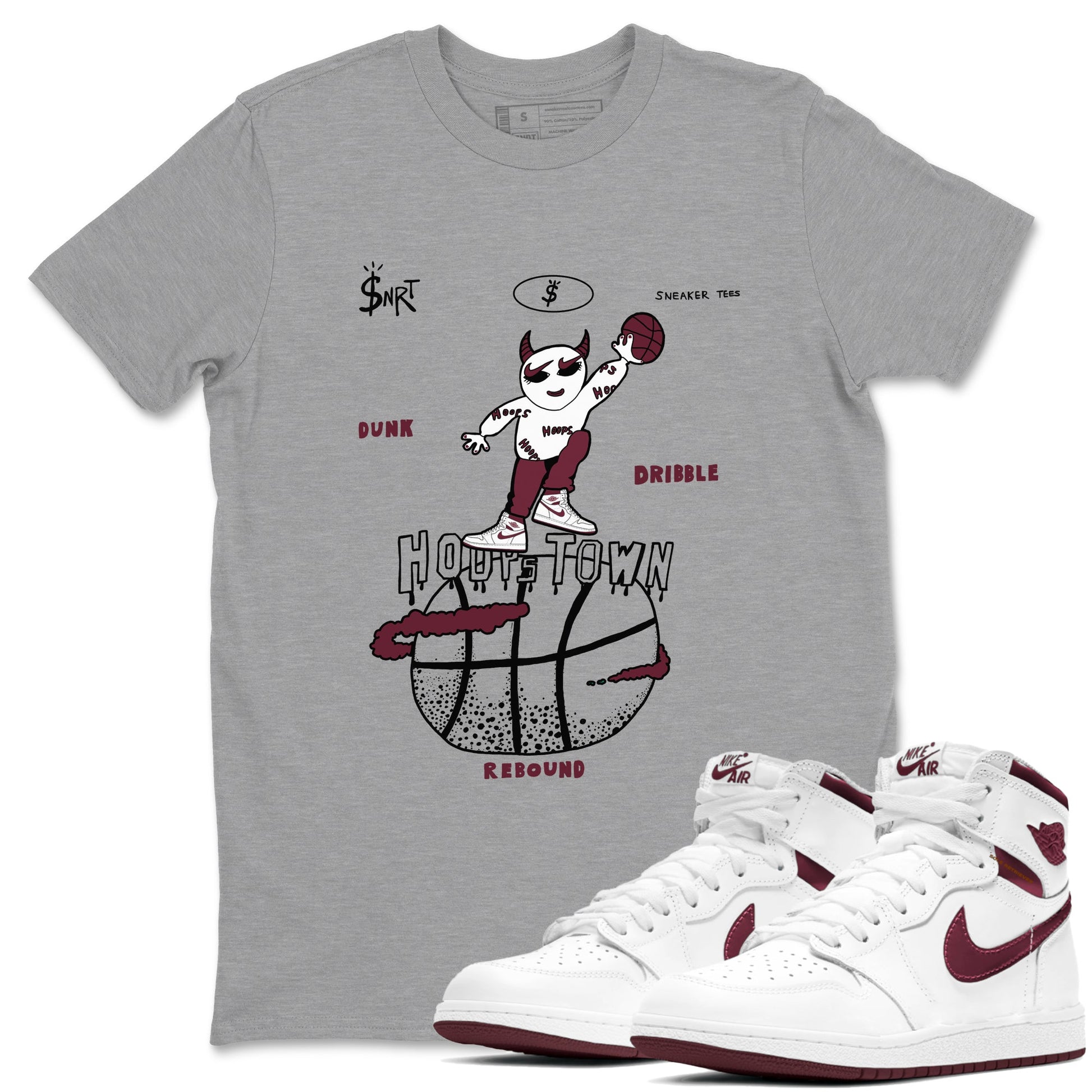 AJ1 Metallic Burgundy shirts to match jordans Hoops Town sneaker match tees Air Jordan 1 Metallic Burgundy SNRT Sneaker Tees streetwear brand Heather Grey 1 unisex cotton tee