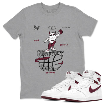 AJ1 Metallic Burgundy shirts to match jordans Hoops Town sneaker match tees Air Jordan 1 Metallic Burgundy SNRT Sneaker Tees streetwear brand Heather Grey 1 unisex cotton tee