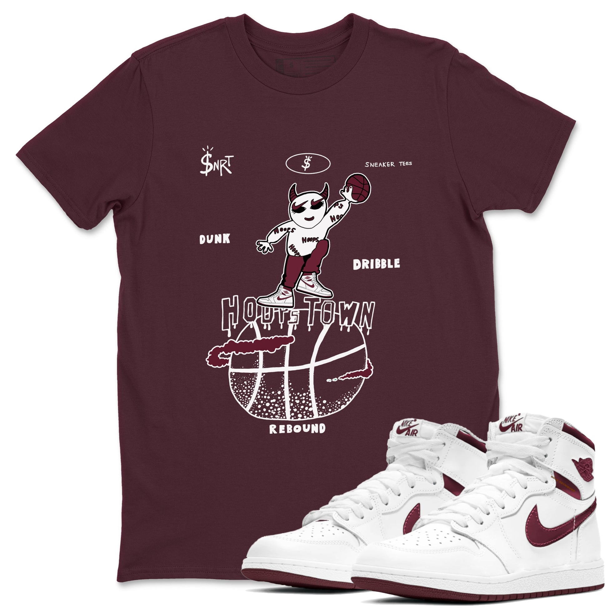 AJ1 Metallic Burgundy shirts to match jordans Hoops Town sneaker match tees Air Jordan 1 Metallic Burgundy SNRT Sneaker Tees streetwear brand Maroon 1 unisex cotton tee