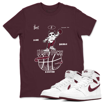 AJ1 Metallic Burgundy shirts to match jordans Hoops Town sneaker match tees Air Jordan 1 Metallic Burgundy SNRT Sneaker Tees streetwear brand Maroon 1 unisex cotton tee