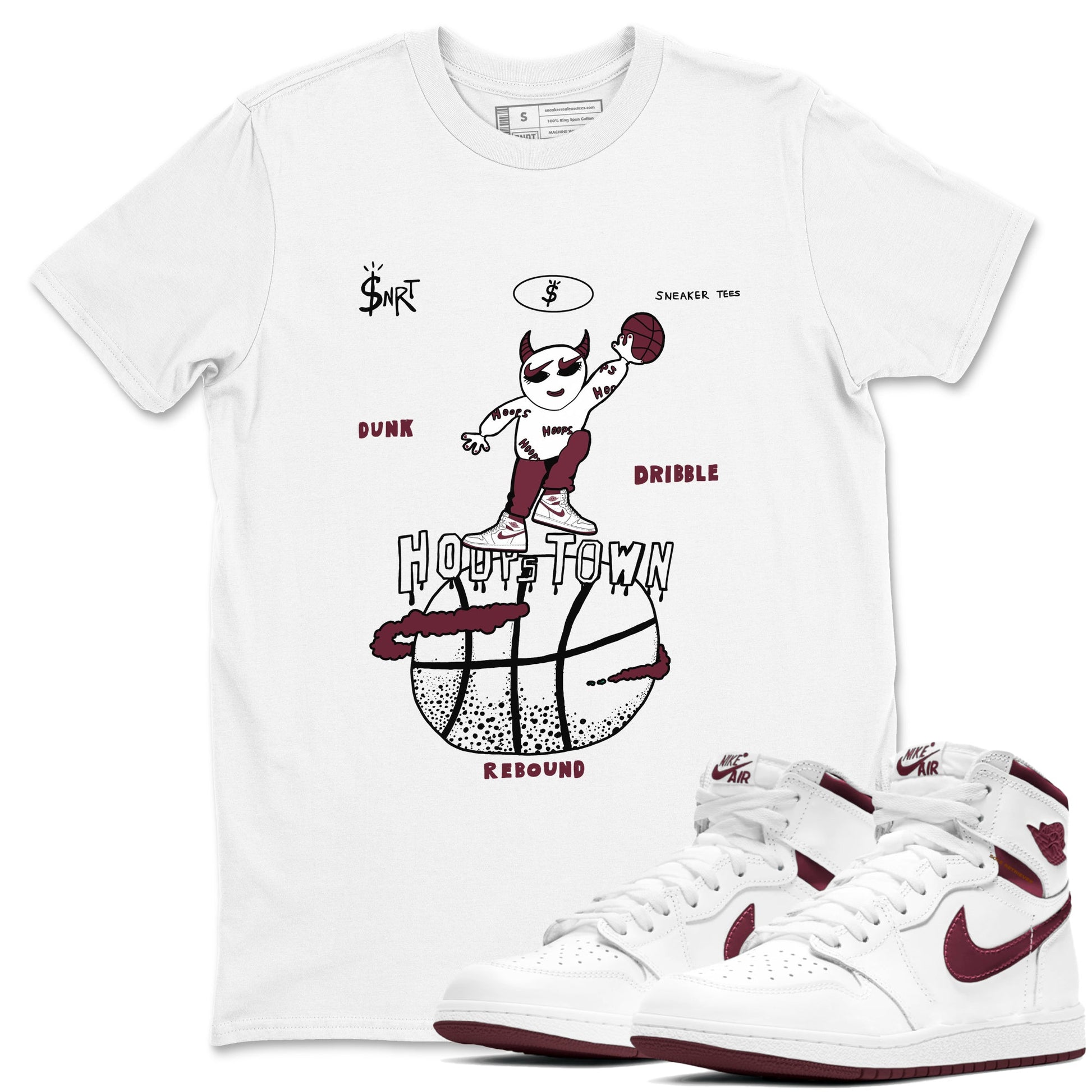 AJ1 Metallic Burgundy shirts to match jordans Hoops Town sneaker match tees Air Jordan 1 Metallic Burgundy SNRT Sneaker Tees streetwear brand White 1 unisex cotton tee