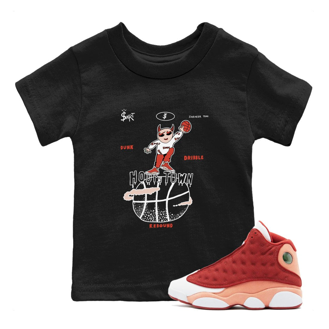 13s Dune Red shirts to match jordans Hoops Town sneaker match tees Air Jordan 13 Dune Red SNRT Sneaker Tees streetwear brand Baby and Youth Black 1 cotton tee