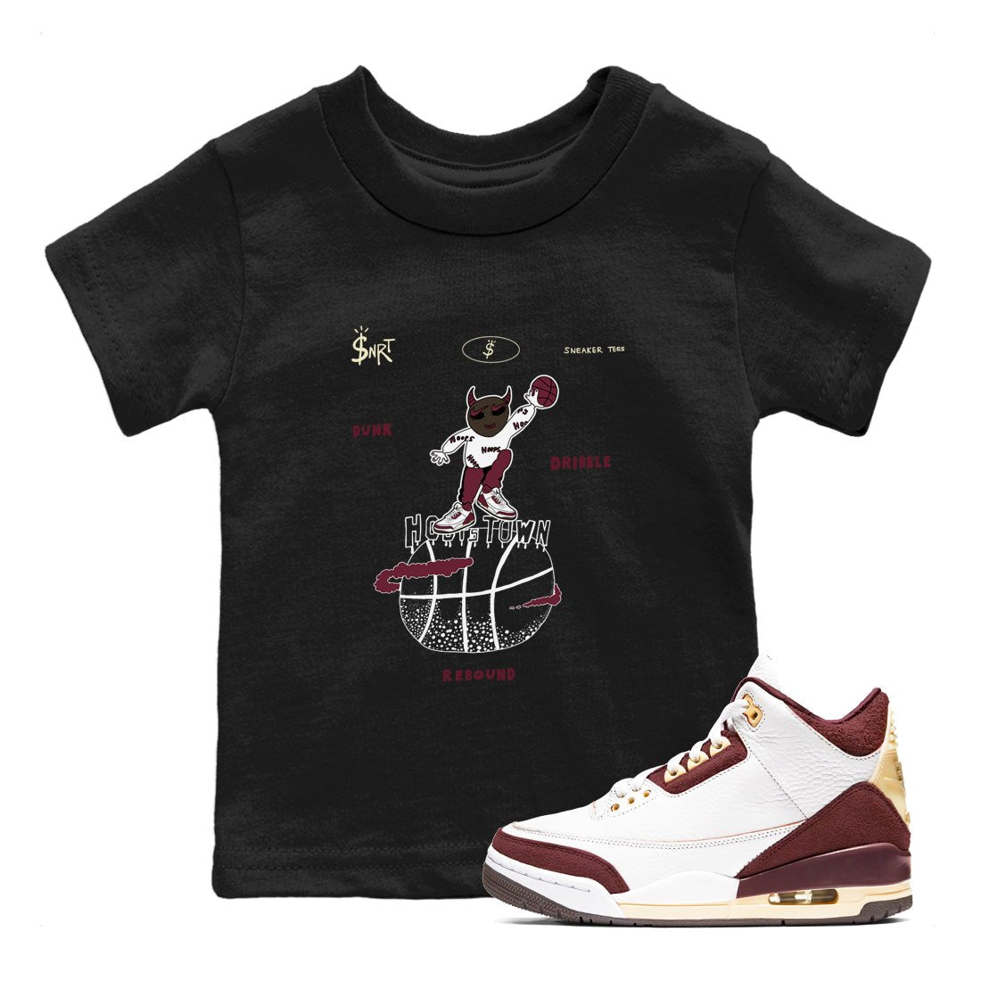 3s A Ma Maniere x Burgundy Crush shirts to match jordans Hoops Town sneaker match teesA Ma Maniére x Air Jordan 3 "Burgundy Crush" SNRT Sneaker Tees streetwear brand Baby and Youth Black 1 cotton tee