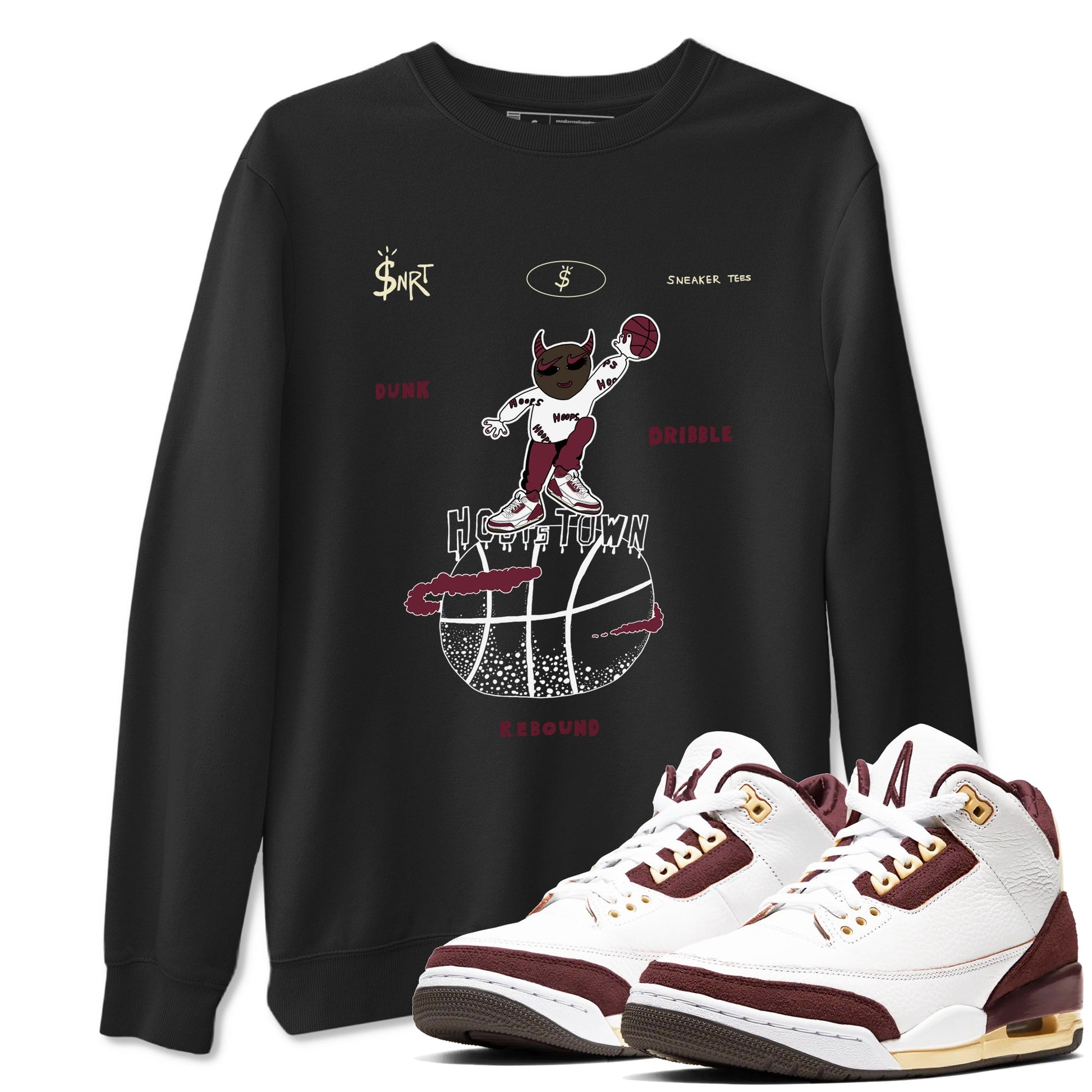 3s A Ma Maniere x Burgundy Crush shirts to match jordans Hoops Town sneaker match teesA Ma Maniére x Air Jordan 3 "Burgundy Crush" SNRT Sneaker Tees streetwear brand Black 1 unisex cotton tee