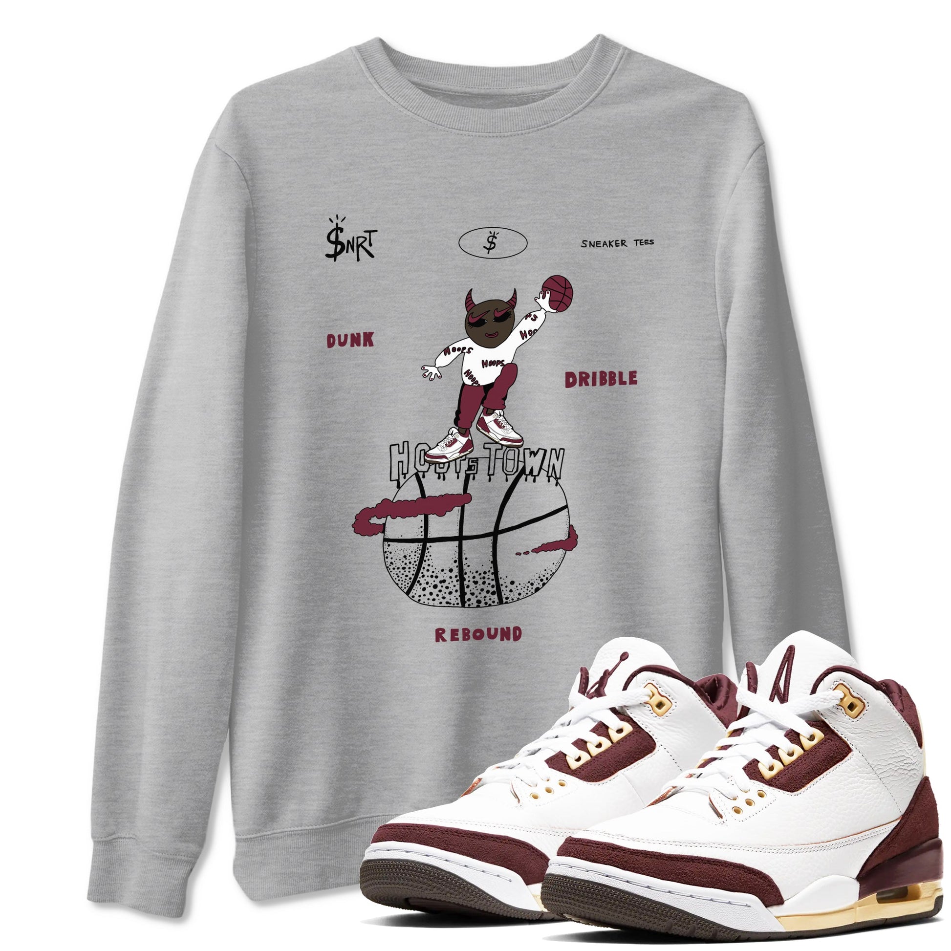 3s A Ma Maniere x Burgundy Crush shirts to match jordans Hoops Town sneaker match teesA Ma Maniére x Air Jordan 3 "Burgundy Crush" SNRT Sneaker Tees streetwear brand Heather Grey 1 unisex cotton tee