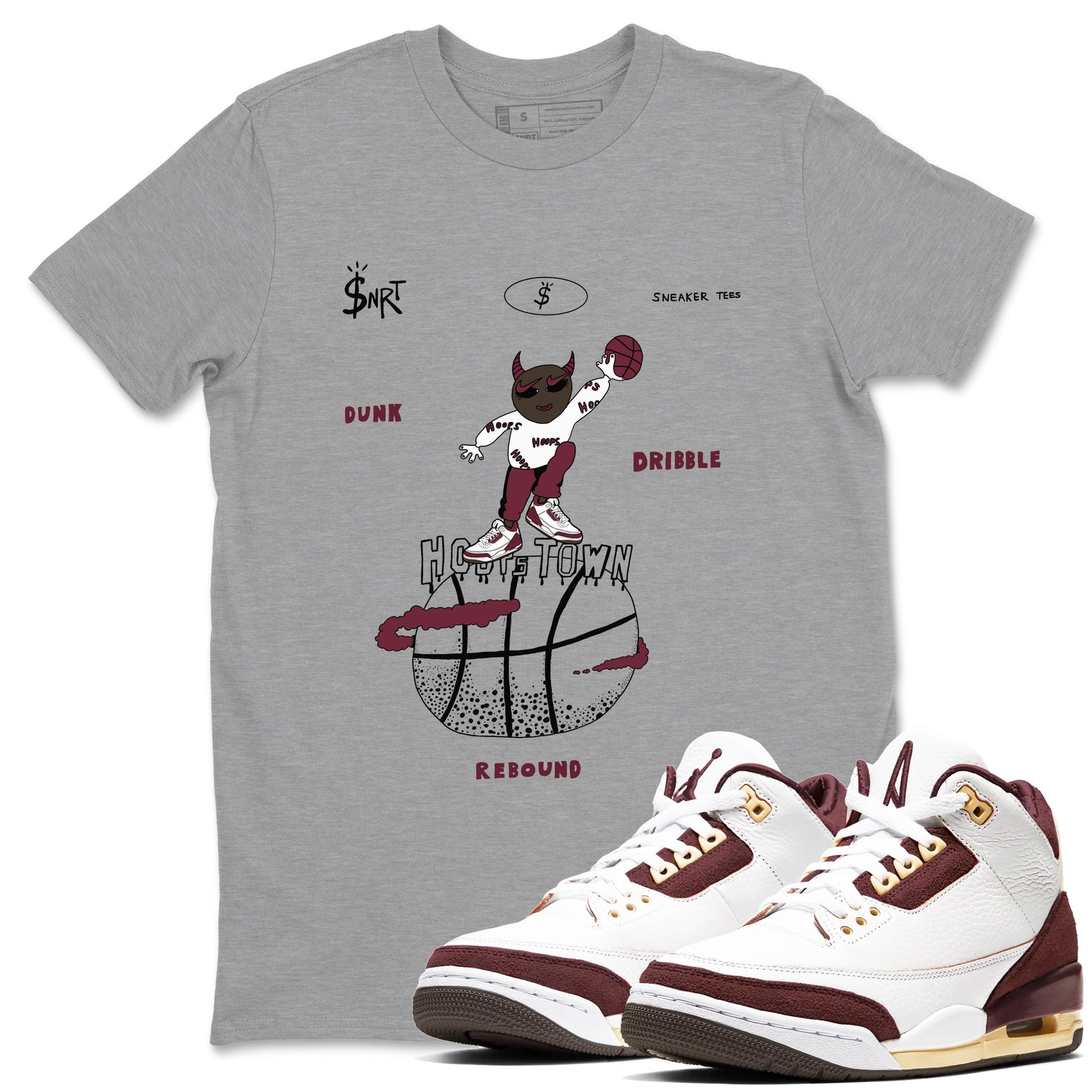 3s A Ma Maniere x Burgundy Crush shirts to match jordans Hoops Town sneaker match teesA Ma Maniére x Air Jordan 3 "Burgundy Crush" SNRT Sneaker Tees streetwear brand Heather Grey 1 unisex cotton tee