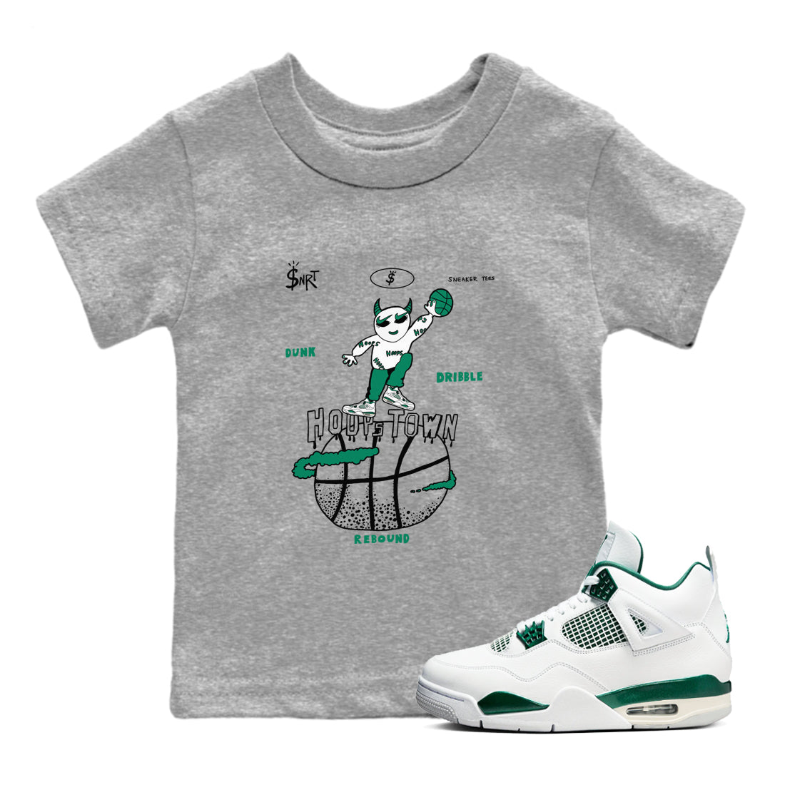 4s Oxidized Green shirts to match jordans Hoops Town sneaker match tees Air Jordan 4 Oxidized Green SNRT Sneaker Tees streetwear brand Baby and Youth Heather Grey 1 cotton tee