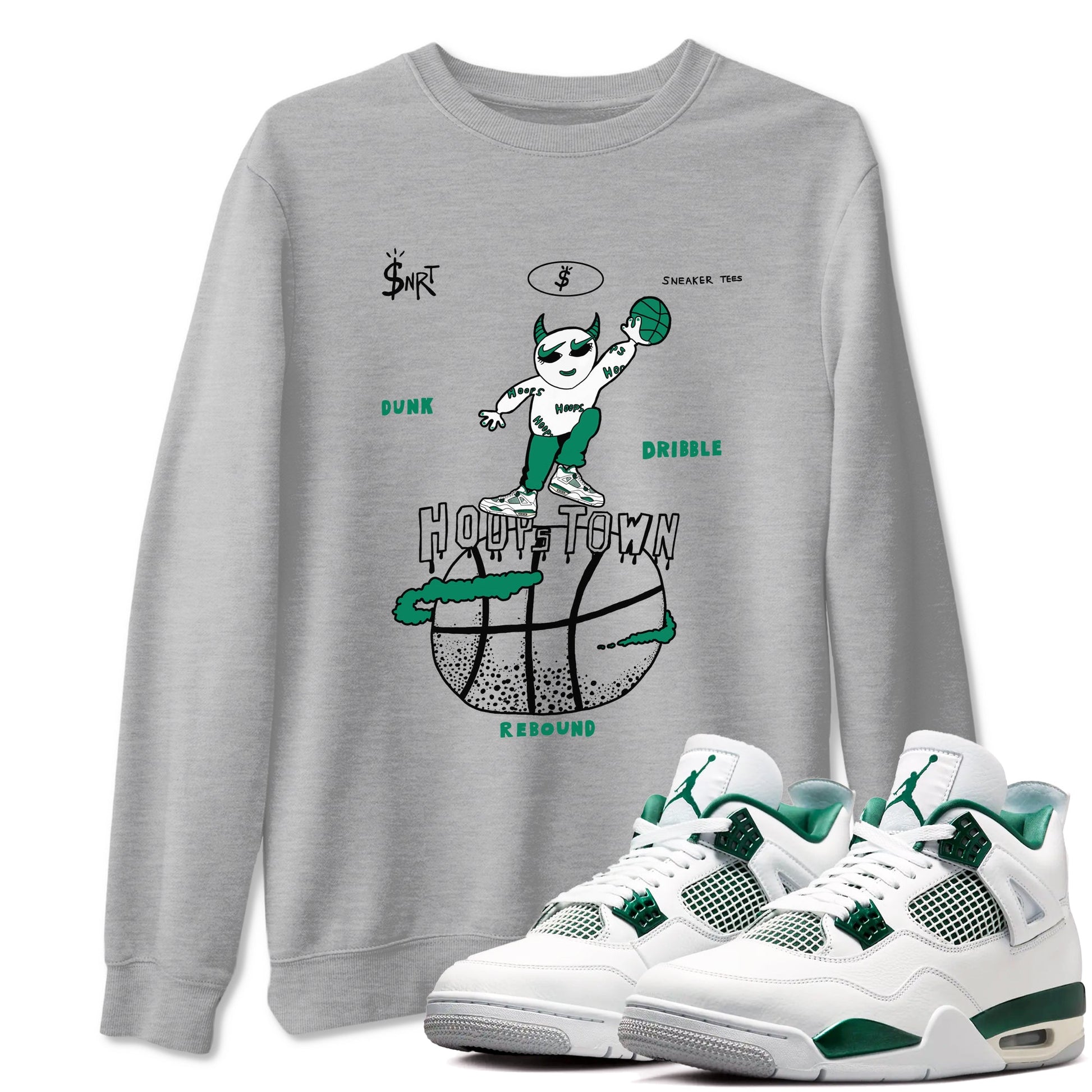 4s Oxidized Green shirts to match jordans Hoops Town sneaker match tees Air Jordan 4 Oxidized Green SNRT Sneaker Tees streetwear brand Heather Grey 1 unisex cotton tee