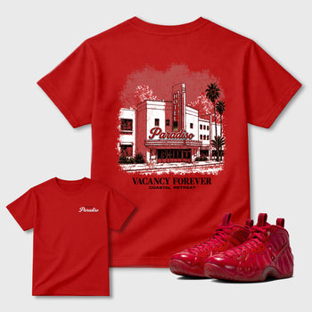 Hotel Paradiso Graphic T-Shirt sneaker match tee designed for the Air Jordan Foamposite Pro Gym Red sneakers, featuring coordinated color options for a perfect streetwear match. Red shirt.