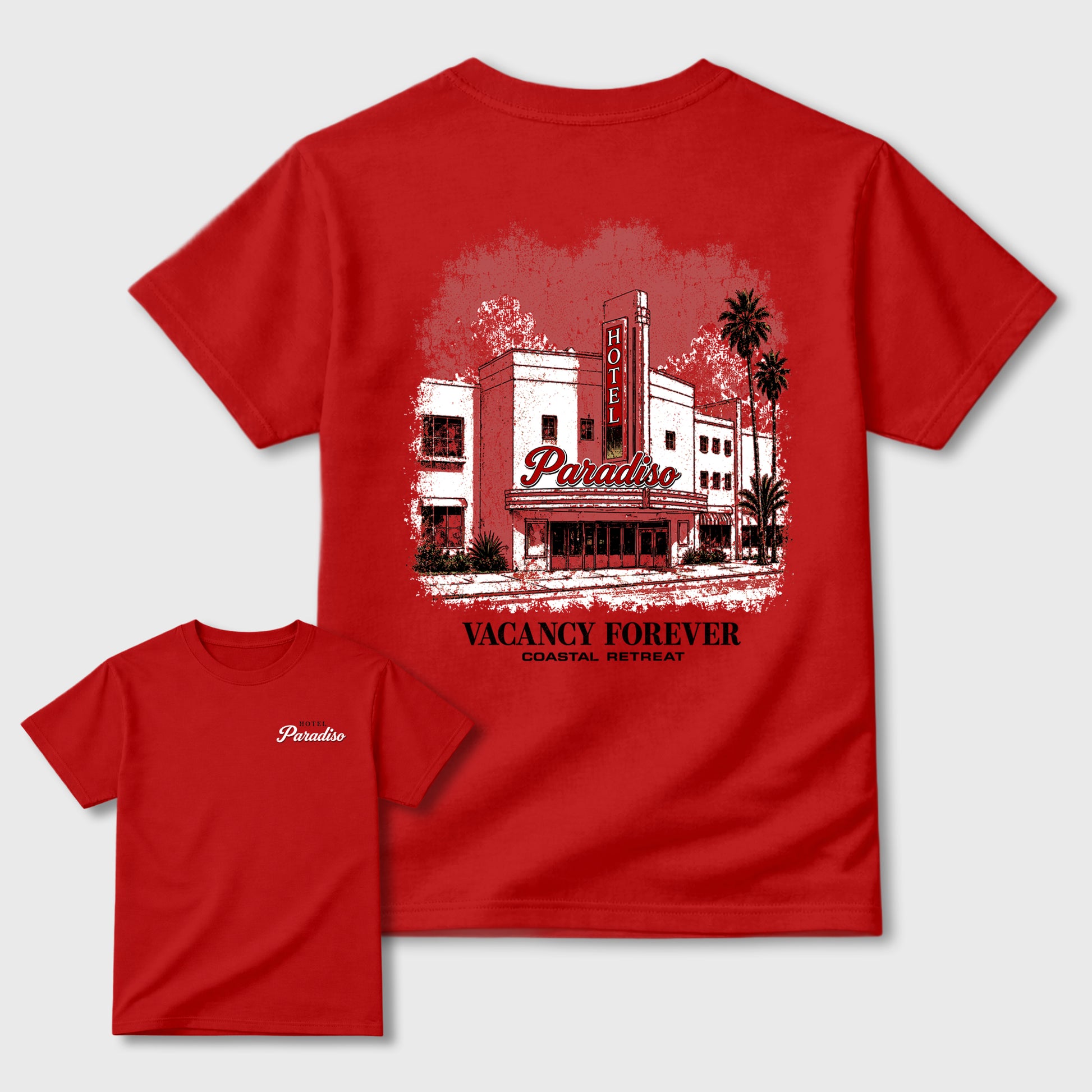 Hotel Paradiso Graphic T-Shirt sneaker match tee designed for the Foams Gym Red, featuring coordinated color options for a perfect streetwear match. Red shirt.