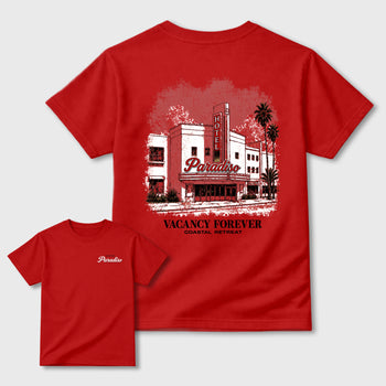 Hotel Paradiso Graphic T-Shirt sneaker match tee designed for the Foams Gym Red, featuring coordinated color options for a perfect streetwear match. Red shirt.