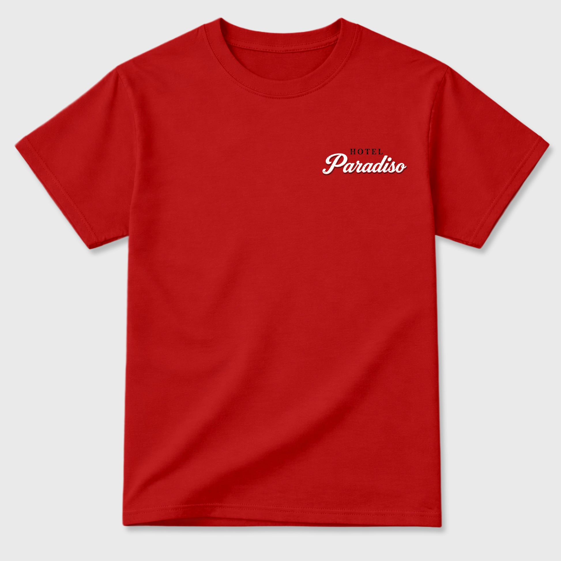 Hotel Paradiso Graphic T-Shirt sneaker match tee designed for the Foams Gym Red, featuring coordinated color options for a perfect streetwear match. Red shirt.