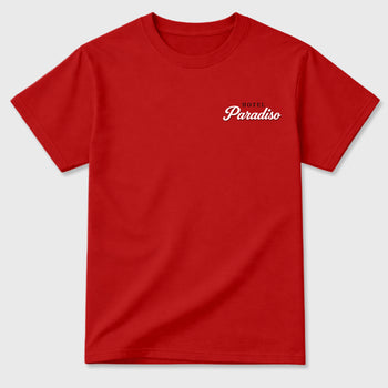 Hotel Paradiso Graphic T-Shirt sneaker match tee designed for the Foams Gym Red, featuring coordinated color options for a perfect streetwear match. Red shirt.