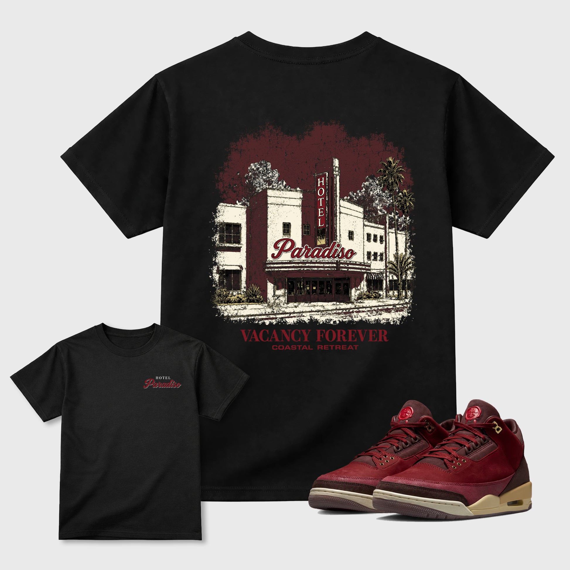 Hotel Paradiso Graphic T-Shirt sneaker match tee designed for the Air Jordan 3 Bin 23 sneakers, featuring coordinated color options for a perfect streetwear match. Black shirt.