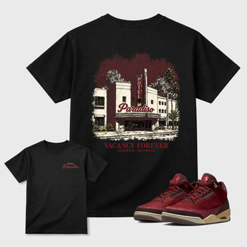 Hotel Paradiso Graphic T-Shirt sneaker match tee designed for the Air Jordan 3 Bin 23 sneakers, featuring coordinated color options for a perfect streetwear match. Black shirt.