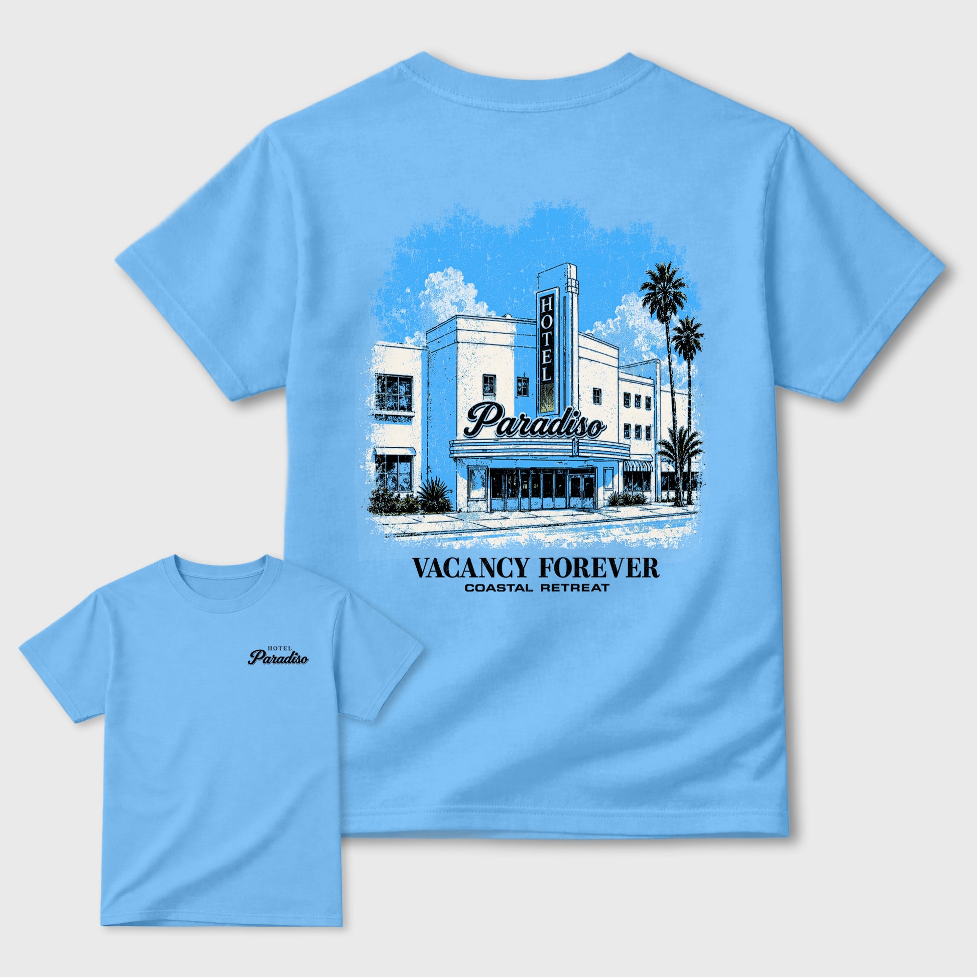 Hotel Paradiso Graphic T-Shirt sneaker match tee designed for the 5s Black Carolina, featuring coordinated color options for a perfect streetwear match. Carolina Blue shirt.