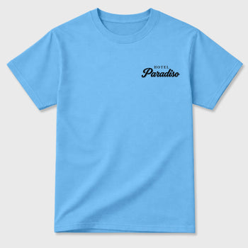 Hotel Paradiso Graphic T-Shirt sneaker match tee designed for the 5s Black Carolina, featuring coordinated color options for a perfect streetwear match. Carolina Blue shirt.
