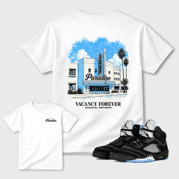 Hotel Paradiso Graphic T-Shirt sneaker match tee designed for the Air Jordan 5 Black Carolina sneakers, featuring coordinated color options for a perfect streetwear match. White shirt.