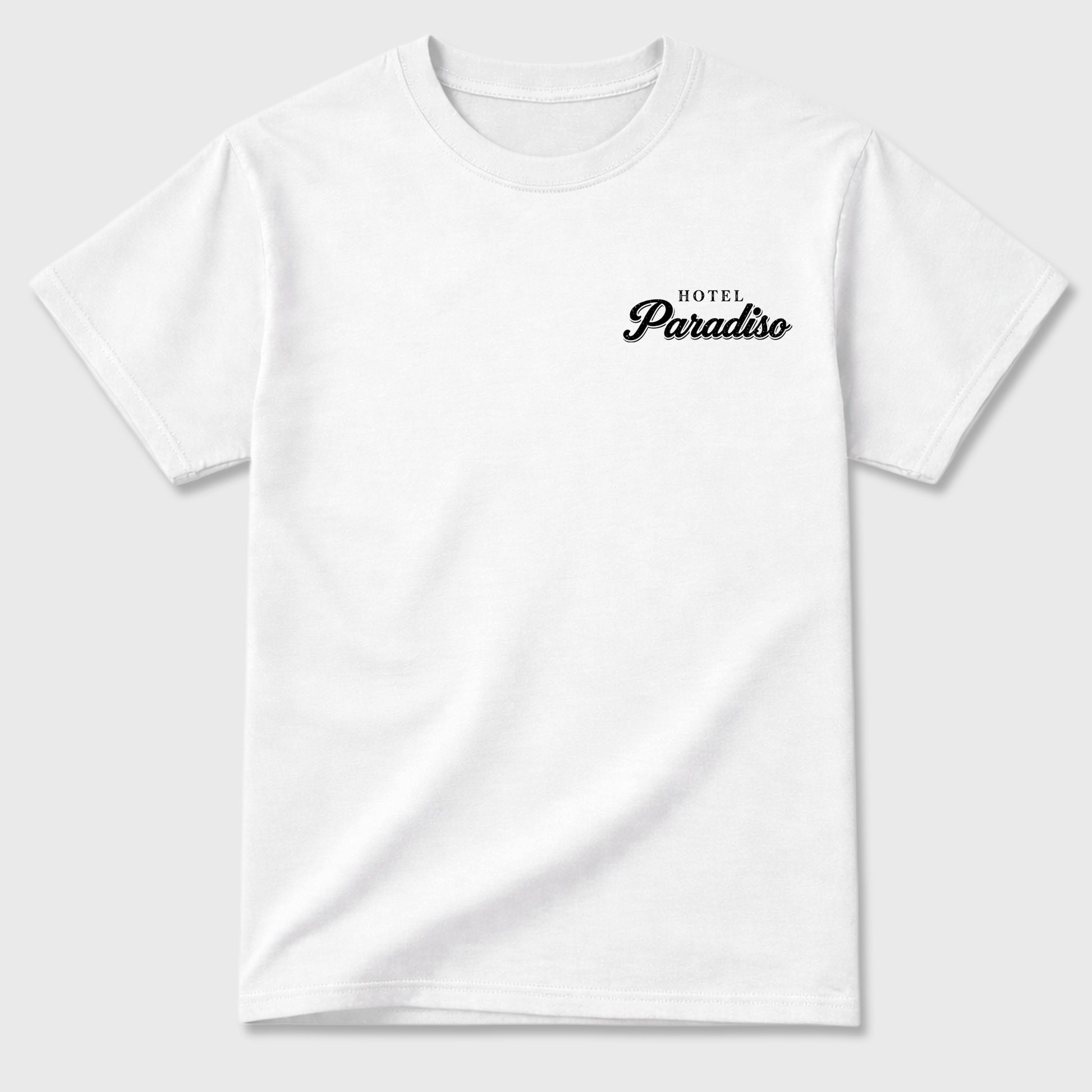 Hotel Paradiso Graphic T-Shirt sneaker match tee designed for the 5s Black Carolina, featuring coordinated color options for a perfect streetwear match. White shirt.