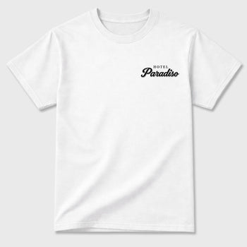 Hotel Paradiso Graphic T-Shirt sneaker match tee designed for the 5s Black Carolina, featuring coordinated color options for a perfect streetwear match. White shirt.