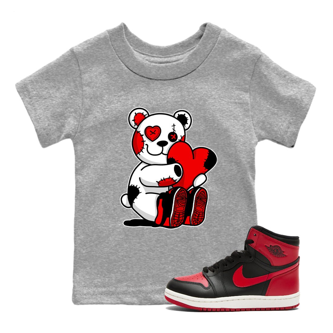 1s '85 Bred shirts to match jordans Hugging Bear best t shirts to wear with jordans AJ1 Retro High OG '85 Bred match shoes to clothes SNRT Sneaker Tees Youth Baby Heather Grey 1 tee