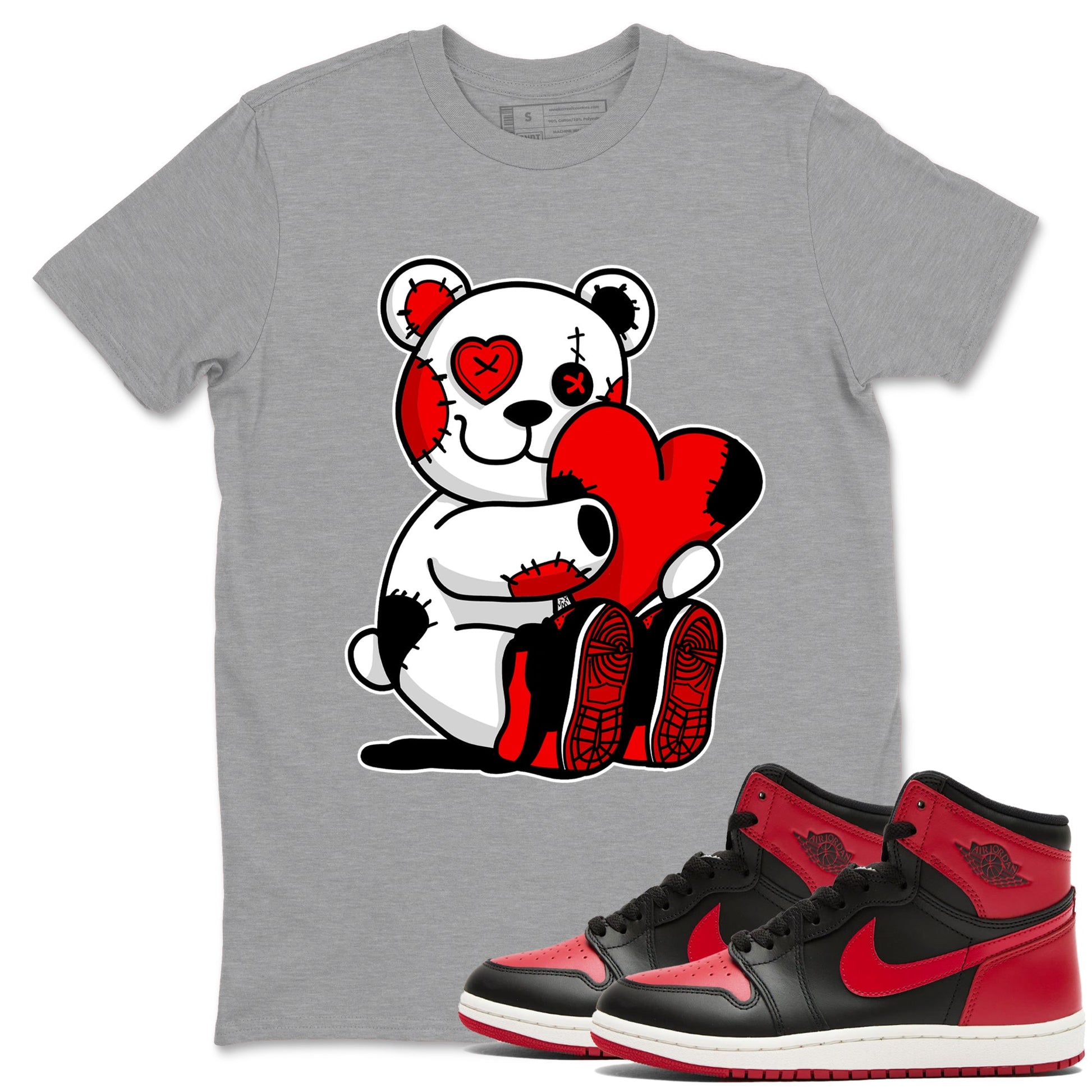 1s '85 Bred shirts to match jordans Hugging Bear best t shirts to wear with jordans AJ1 Retro High OG '85 Bred match shoes to clothes SNRT Sneaker Tees unisex cotton Heather Grey 1 shirts