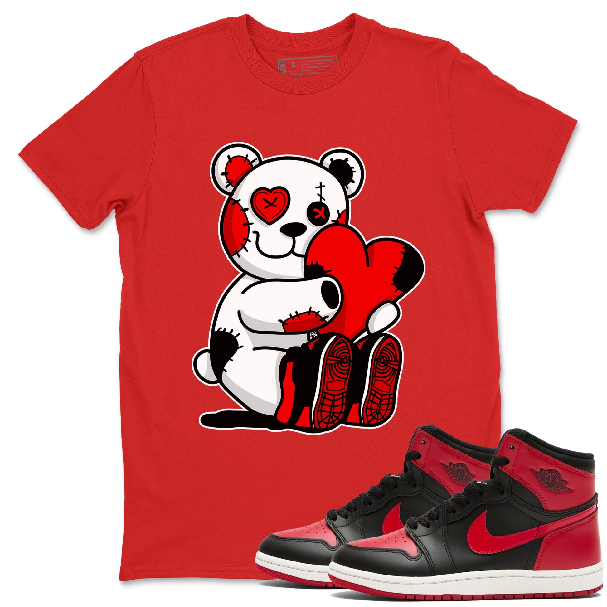 1s '85 Bred shirts to match jordans Hugging Bear best t shirts to wear with jordans AJ1 Retro High OG '85 Bred match shoes to clothes SNRT Sneaker Tees unisex cotton Red 1 shirts