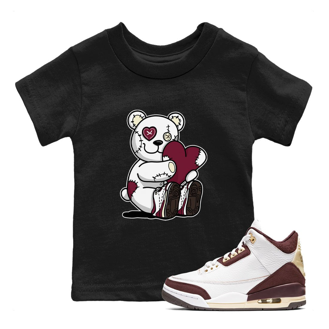 AJ3 A Ma Maniere x Burgundy Crush shirts to match jordans Hugging Bear sneaker match tees A Ma Maniere X Air Jordan 3 Burgundy Crush streetwear brand Baby and Youth Black 1 cotton tee