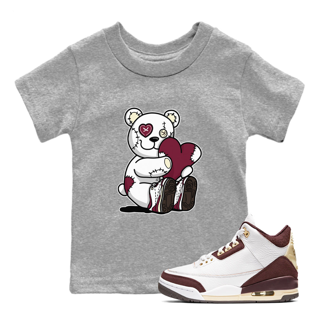 AJ3 A Ma Maniere x Burgundy Crush shirts to match jordans Hugging Bear sneaker match tees A Ma Maniere X Air Jordan 3 Burgundy Crush streetwear brand Baby and Youth Heather Grey 1 cotton tee