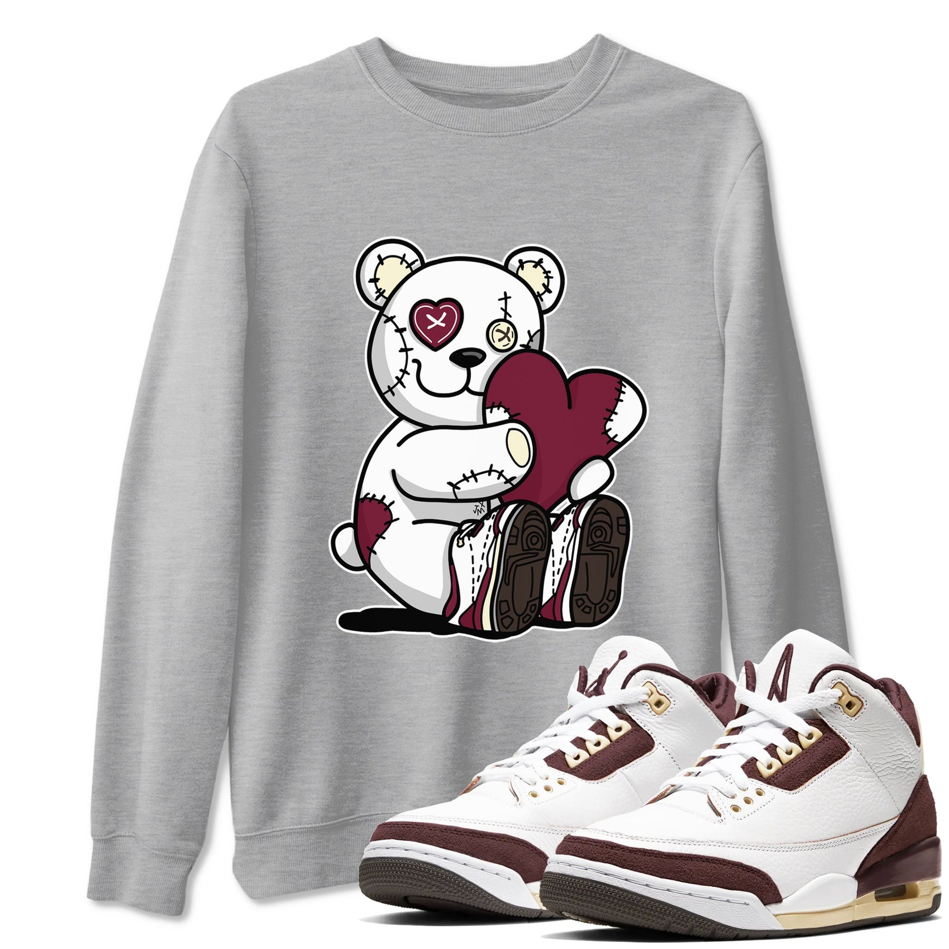 AJ3 A Ma Maniere x Burgundy Crush shirts to match jordans Hugging Bear sneaker match tees A Ma Maniere X Air Jordan 3 Burgundy Crush streetwear brand Heather Grey 1 unisex cotton tee