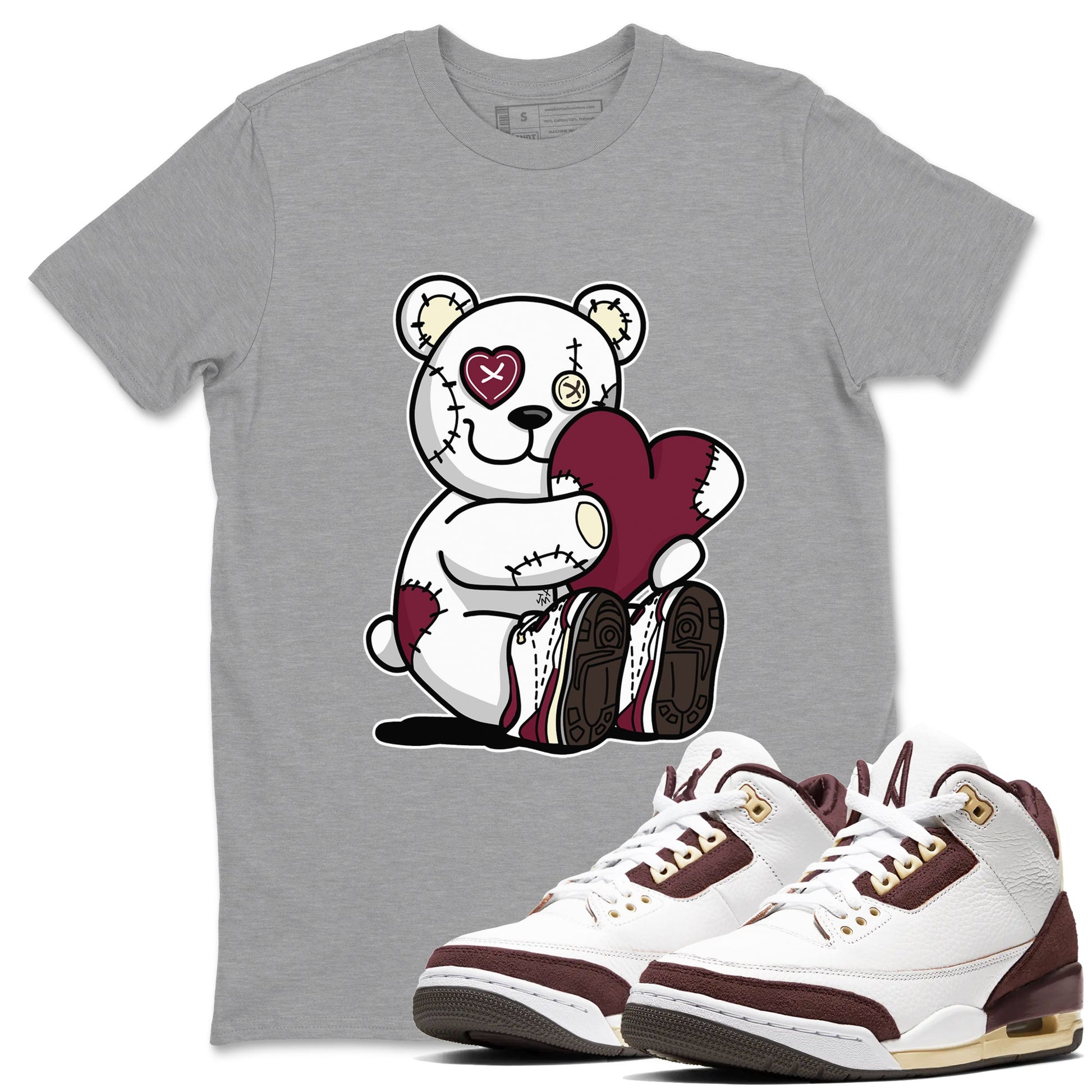 AJ3 A Ma Maniere x Burgundy Crush shirts to match jordans Hugging Bear sneaker match tees A Ma Maniere X Air Jordan 3 Burgundy Crush streetwear brand Heather Grey 1 unisex cotton tee