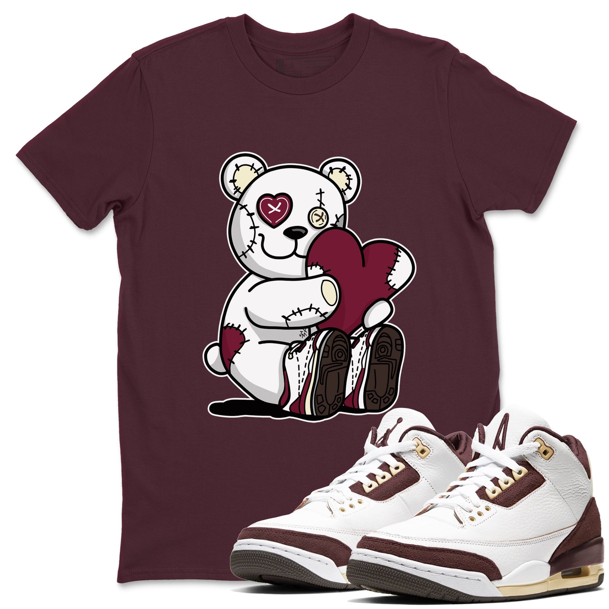 AJ3 A Ma Maniere x Burgundy Crush shirts to match jordans Hugging Bear sneaker match tees A Ma Maniere X Air Jordan 3 Burgundy Crush streetwear brand Maroon 1 unisex cotton tee