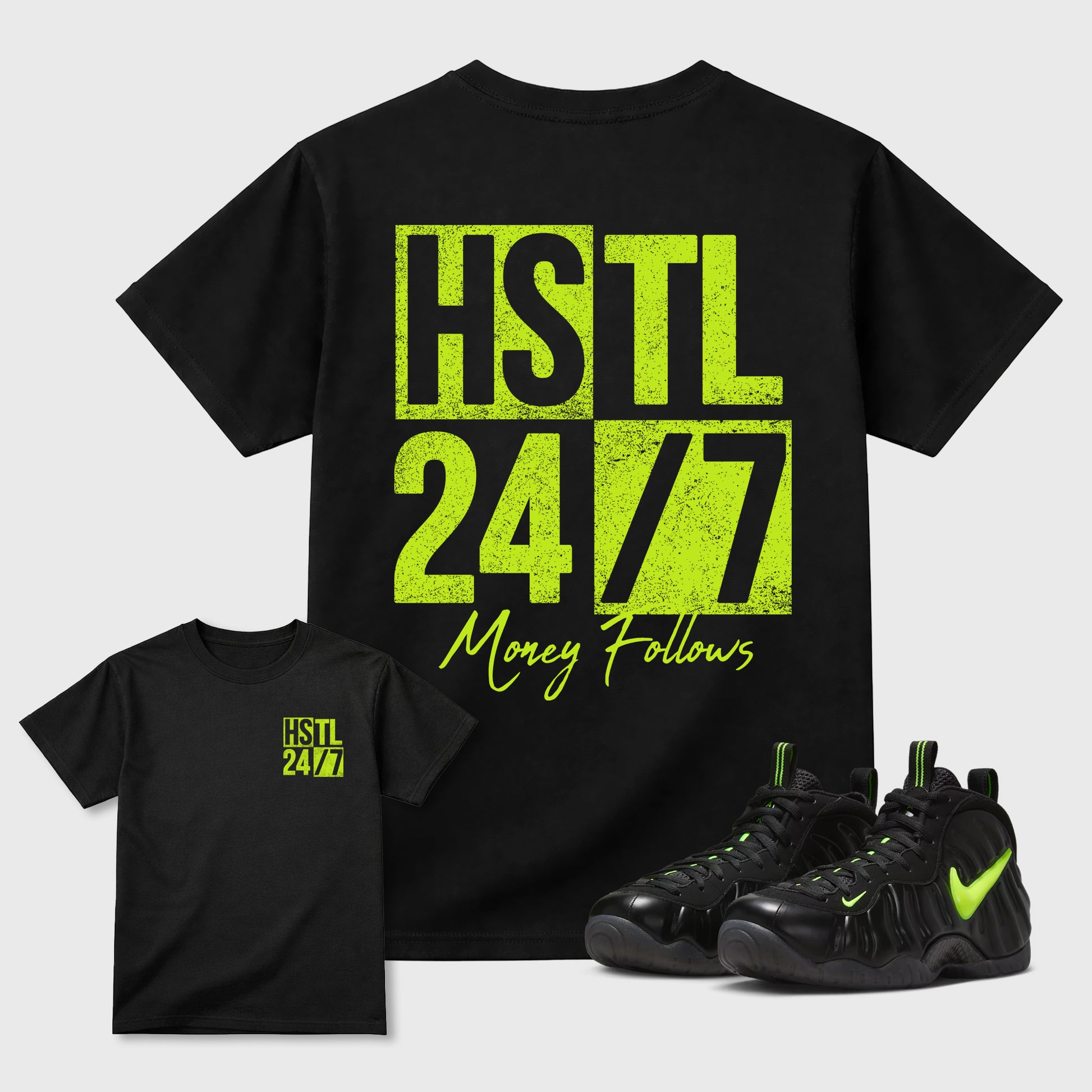 Hustle 247 front and back graphic tee styled to complete your fit with the Air Foamposite Pro Black sneakers, shown in Black.