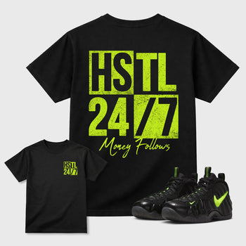 Hustle 247 front and back graphic tee styled to complete your fit with the Air Foamposite Pro Black sneakers, shown in Black.