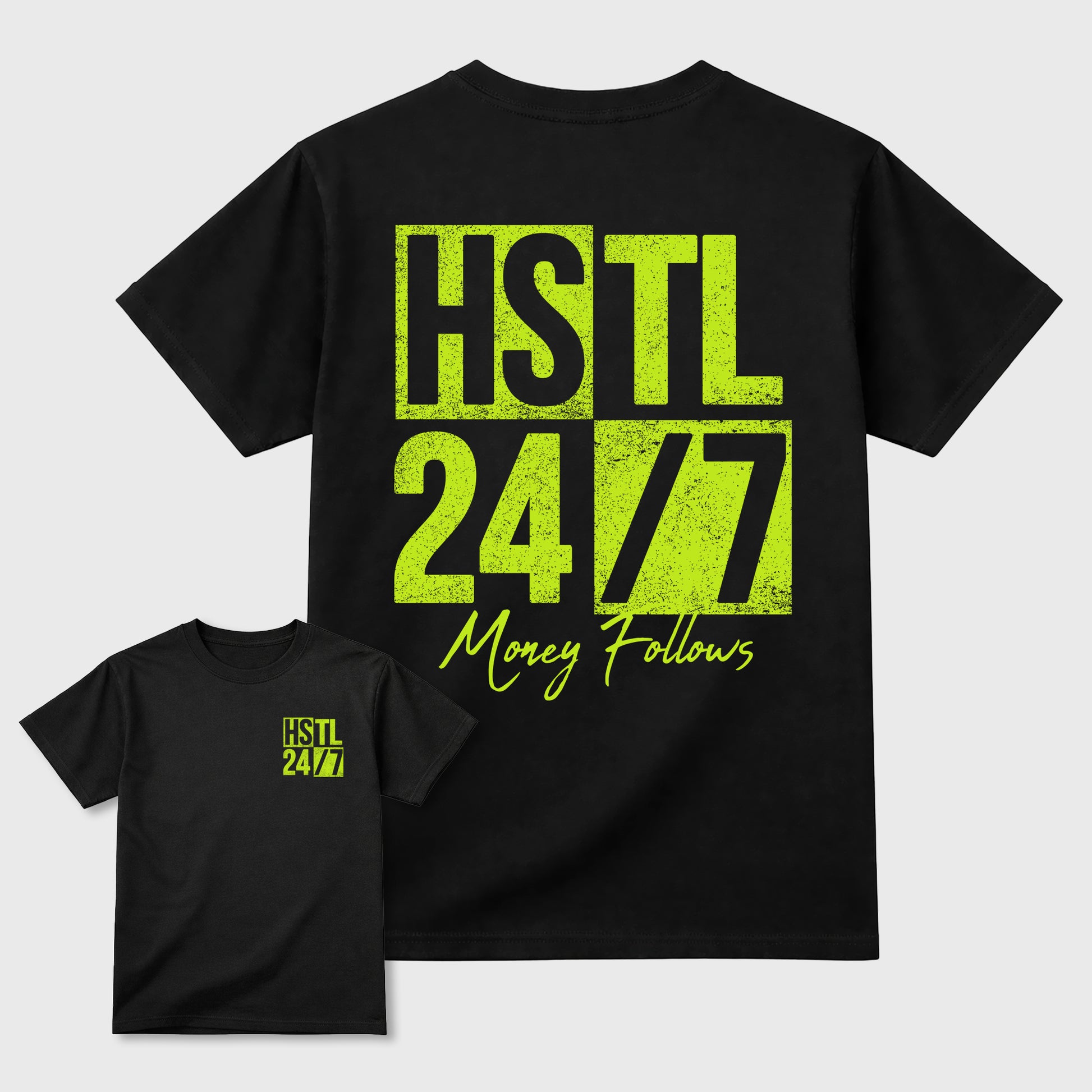 Hustle 247 front and back graphic tee styled to complete your fit with the Foams Pro Black Volt, shown in Black.
