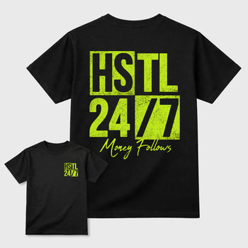 Hustle 247 front and back graphic tee styled to complete your fit with the Foams Pro Black Volt, shown in Black.