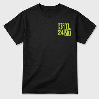 Hustle 247 front and back graphic tee styled to complete your fit with the Foams Pro Black Volt, shown in Black.