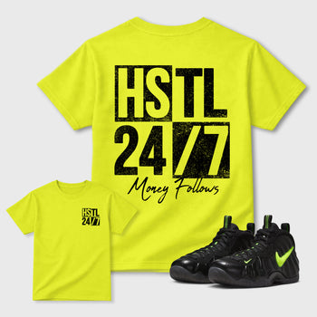 Hustle 247 front and back graphic tee styled to complete your fit with the Foams Pro Black Volt, shown in Safety Green.
