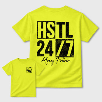 Hustle 247 front and back graphic tee styled to complete your fit with the Foams Pro Black Volt, shown in Safety Green.