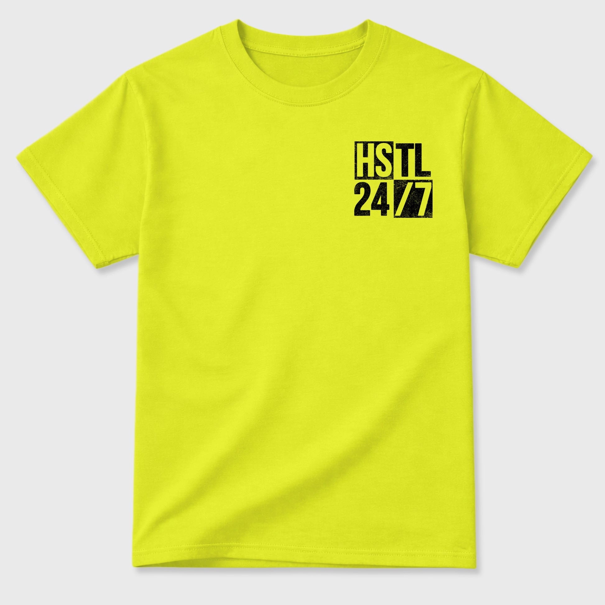 Hustle 247 front and back graphic tee styled to complete your fit with the Foams Pro Black Volt, shown in Safety Green.