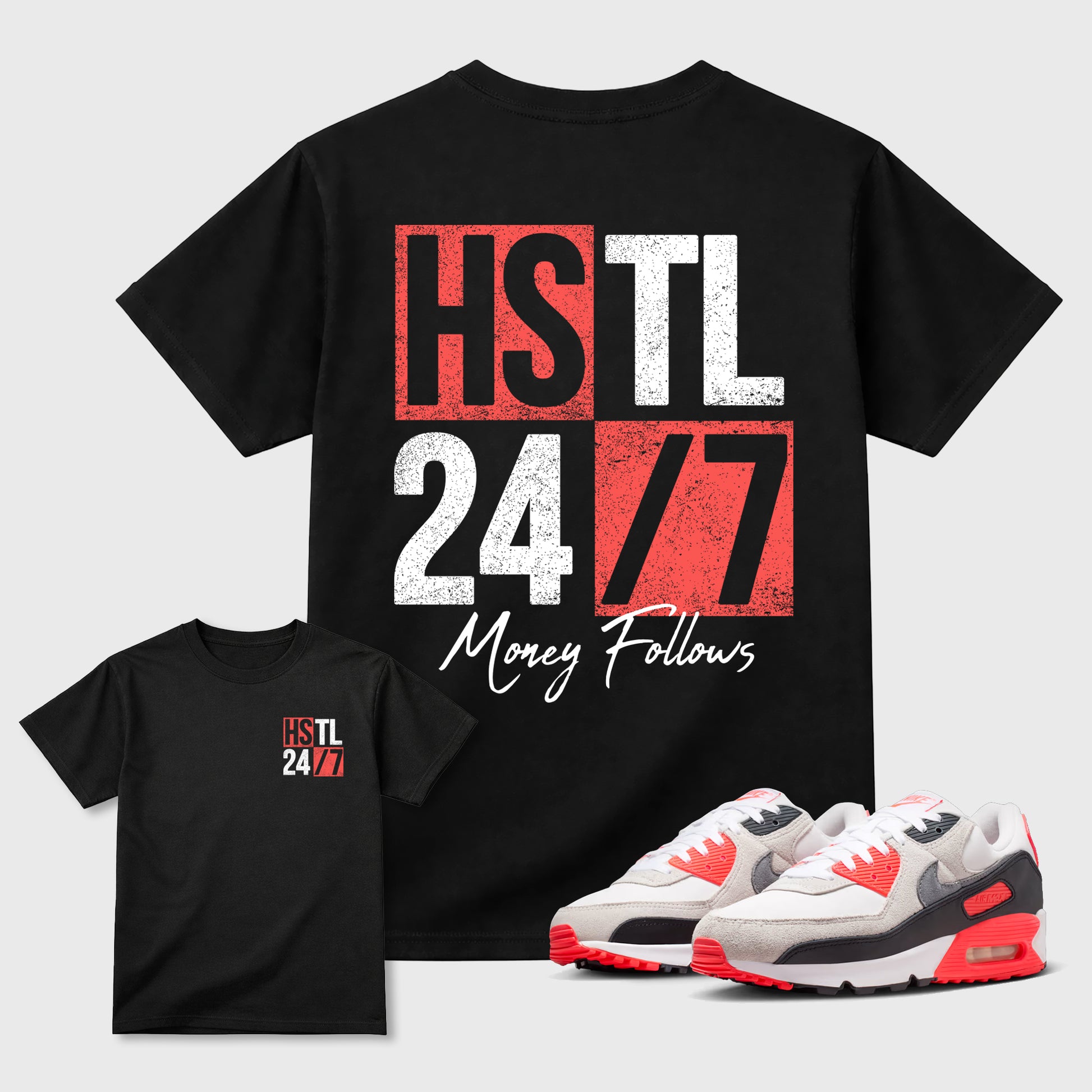 Hustle 247 sneaker match t-shirt styled to complete your fit with the Air Max 90 Infrared sneakers, double side graphic tee.
